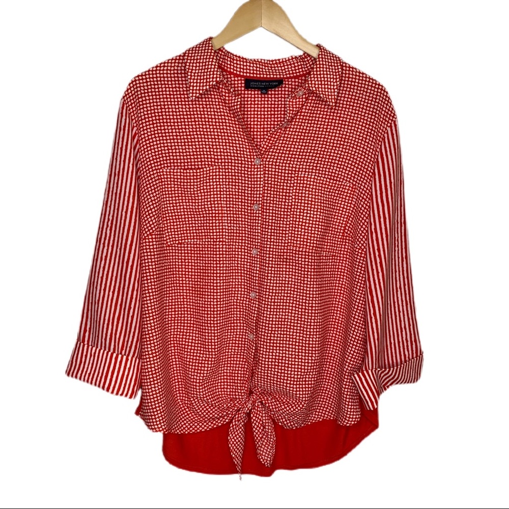 Jones New York Mixed Print Red White Tie Blouse‎